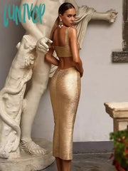 Lunivop Women Summer Sexy Backless Hollow Out Midi Gold Silver Bronzing Bodycon Bandage Dress