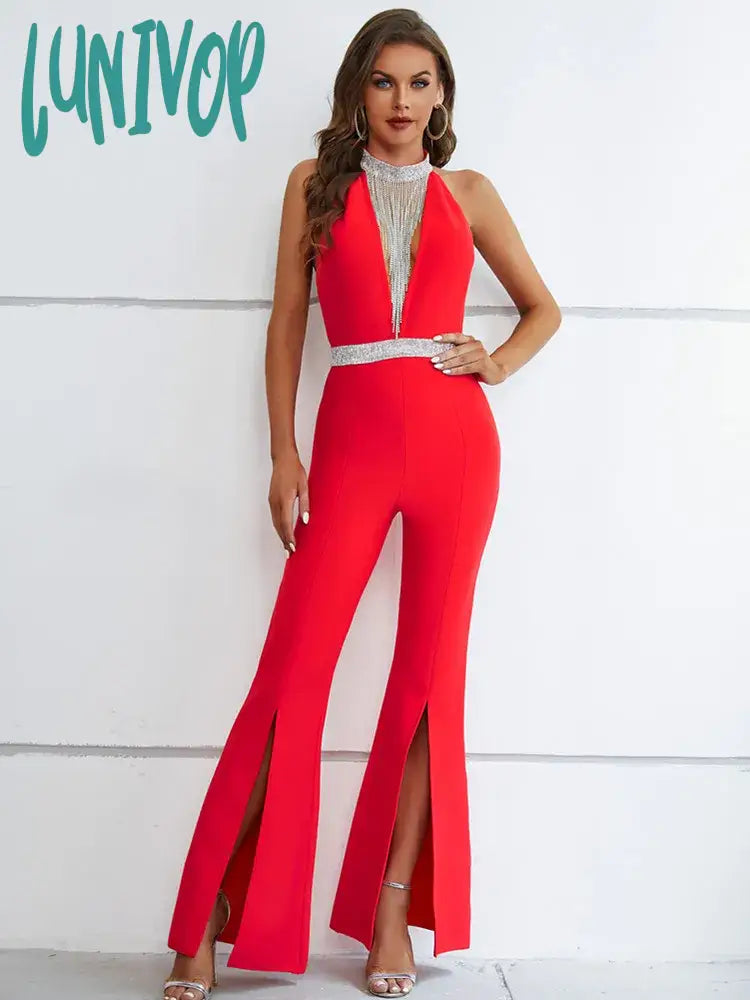 Lunivop Women Summer Sexy Backless Tassel Crystal Diamonds Red Bodycon Bandage Jumpsuit High Street