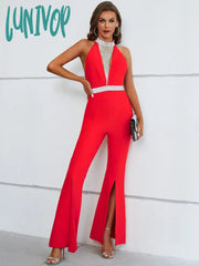Lunivop Women Summer Sexy Backless Tassel Crystal Diamonds Red Bodycon Bandage Jumpsuit High Street