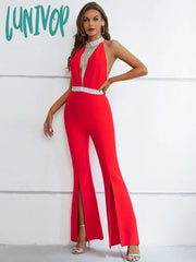 Lunivop Women Summer Sexy Backless Tassel Crystal Diamonds Red Bodycon Bandage Jumpsuit High Street