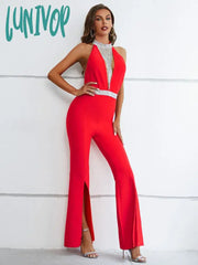 Lunivop Women Summer Sexy Backless Tassel Crystal Diamonds Red Bodycon Bandage Jumpsuit High Street