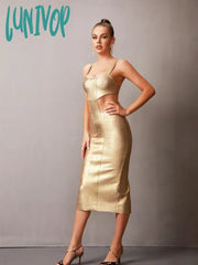 Lunivop Women Summer Sexy Cut Out Gold Bronzing Print Midi Bodycon Bandage Dress Elegant Evening