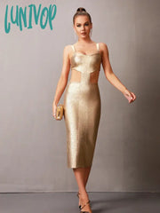 Lunivop Women Summer Sexy Cut Out Gold Bronzing Print Midi Bodycon Bandage Dress Elegant Evening