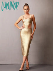Lunivop Women Summer Sexy Cut Out Gold Bronzing Print Midi Bodycon Bandage Dress Elegant Evening