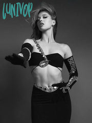 Lunivop Women Summer Sexy Diamond Sequins With Gloves Black Midi Bodycon Bandage Skirt Set Knitted