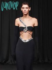 Lunivop Women Summer Sexy Diamond Sequins With Gloves Black Midi Bodycon Bandage Skirt Set Knitted