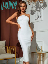 Lunivop Women Summer Sexy Halter Backless Crystal Diamonds White Midi Bodycon Bandage Dress 2024