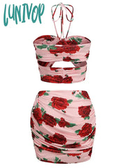 Lunivop Women Summer Sexy Halter Backless Floral Flower Ruched Draped Mini Sequins Bodycon Dress