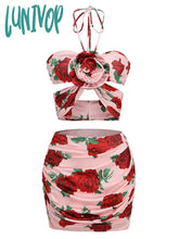 Lunivop Women Summer Sexy Halter Backless Floral Flower Ruched Draped Mini Sequins Bodycon Dress