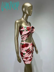 Lunivop Women Summer Sexy Halter Backless Floral Flower Ruched Draped Mini Sequins Bodycon Dress