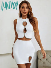 Lunivop Women Summer Sexy Key Hole Diamonds White Crystal Two Piece Mini Bandage Set 2024 Celebrity