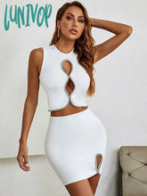 Lunivop Women Summer Sexy Key Hole Diamonds White Crystal Two Piece Mini Bandage Set Evening Party
