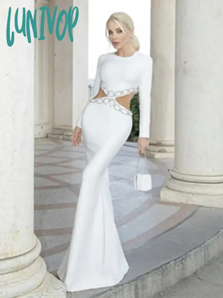 Lunivop Women Summer Sexy Long Sleeve Black White Diamonds Maxi Bandage Dress Elegant Evening Club