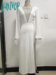 Lunivop Women Summer Sexy Long Sleeve Crystal Diamonds Feather White Cotton Maxi Dress Elegant