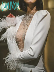 Lunivop Women Summer Sexy Long Sleeve Crystal Diamonds Feather White Cotton Maxi Dress Elegant