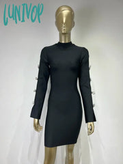 Lunivop Women Summer Sexy Long Sleeve Cut Out Diamonds Black Mini Bodycon Bandage Dress Elegant