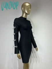 Lunivop Women Summer Sexy Long Sleeve Cut Out Diamonds Black Mini Bodycon Bandage Dress Elegant