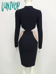Lunivop Women Summer Sexy Long Sleeve Key Hole Mesh Beading Crystal Diamonds Black Bandage Dress