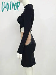 Lunivop Women Summer Sexy Long Sleeve Key Hole Mesh Beading Crystal Diamonds Black Bandage Dress