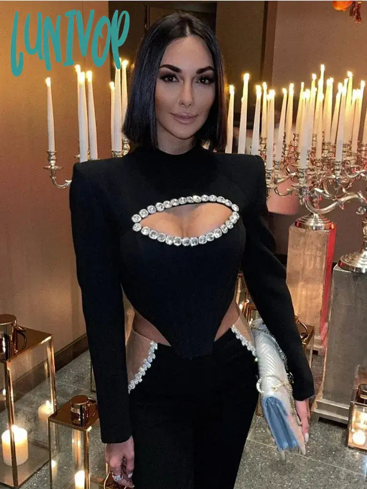 Lunivop Women Summer Sexy Long Sleeve Key Hole Mesh Beading Crystal Diamonds Black Bandage Dress