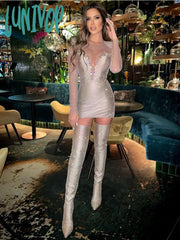 Lunivop Women Summer Sexy Long Sleeve O Neck Beading Diamonds Beige Mini Bodycon Bandage Dress