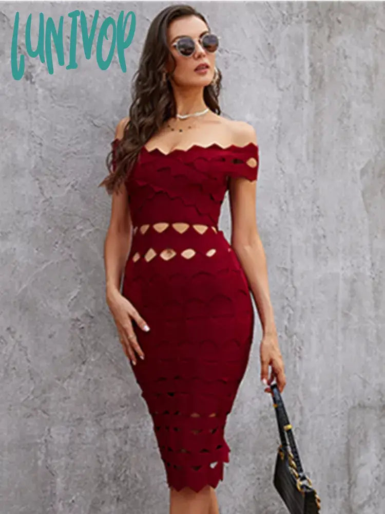 Lunivop Women Summer Sexy Off Shoulder Burgundy Black Beige Blue Mini Bodycon Bandage Dress Elegant