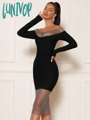Lunivop Women Summer Sexy Off Shoulder Long Sleeve Black Dimaonds Bodycon Midi Bandage Dress