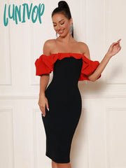 Lunivop Women Summer Sexy Off Shoulder Ruffles Patchwork Red Black Bodycon Midi Bandage Dress