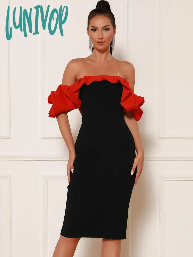 Lunivop Women Summer Sexy Off Shoulder Ruffles Patchwork Red Black Bodycon Midi Bandage Dress