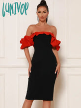 Lunivop Women Summer Sexy Off Shoulder Ruffles Patchwork Red Black Bodycon Midi Bandage Dress
