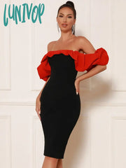 Lunivop Women Summer Sexy Off Shoulder Ruffles Patchwork Red Black Bodycon Midi Bandage Dress