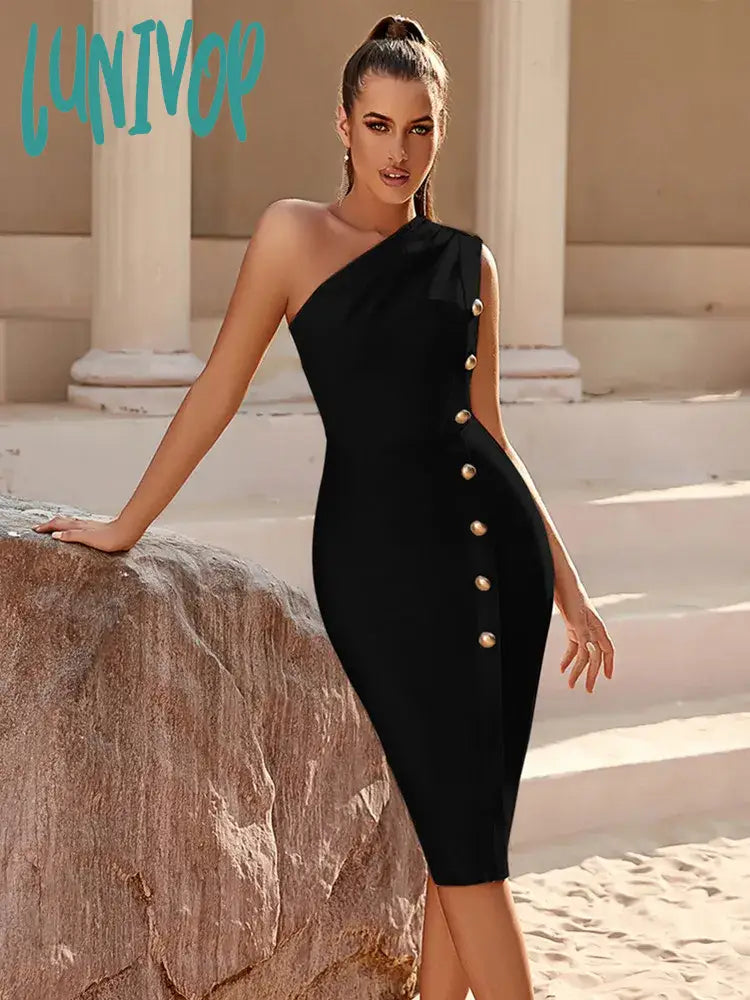Lunivop Women Summer Sexy One Shoulder Button Black Midi Bodycon Bandage Dress Elegant Party Stage