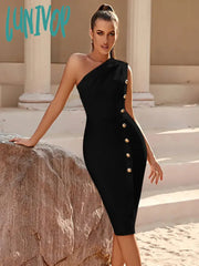 Lunivop Women Summer Sexy One Shoulder Button Black Midi Bodycon Bandage Dress Elegant Party Stage