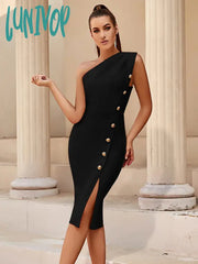 Lunivop Women Summer Sexy One Shoulder Button Black Midi Bodycon Bandage Dress Elegant Party Stage