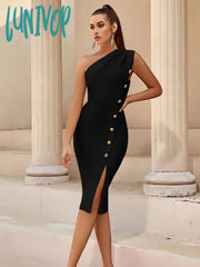Lunivop Women Summer Sexy One Shoulder Button Black Midi Bodycon Bandage Dress Elegant Party Stage