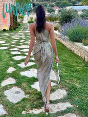 Lunivop Women Summer Sexy One Shoulder Cut Out Glitter Mesh Sequins Maxi Long Bodycon Dress Elegant