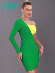 Lunivop Women Summer Sexy One Shoulder Patchwork Green Mini Bodycon Bandage Dress Elegant Evening