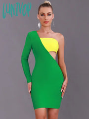 Lunivop Women Summer Sexy One Shoulder Patchwork Green Mini Bodycon Bandage Dress Elegant Evening