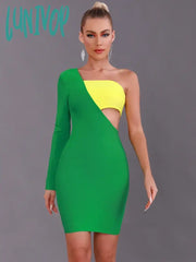 Lunivop Women Summer Sexy One Shoulder Patchwork Green Mini Bodycon Bandage Dress Elegant Evening