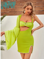 Lunivop Women Summer Sexy Single Sleeve Cut Out Beading Green Mini Bodycon Bandage Dress Elegant