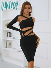 Lunivop Women Summer Sexy Single Sleeve Hollow Out Green Black Mini Bodycon Bandage Dress Elegant