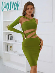 Lunivop Women Summer Sexy Single Sleeve Hollow Out Green Black Mini Bodycon Bandage Dress Elegant