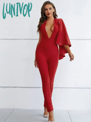 Lunivop Women Summer Sexy Single Sleeve V Neck Ruffles Red Bodycon Bandage Jumpsuit High Street