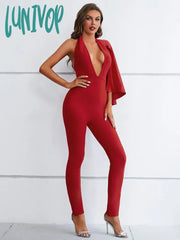 Lunivop Women Summer Sexy Single Sleeve V Neck Ruffles Red Bodycon Bandage Jumpsuit High Street