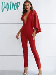 Lunivop Women Summer Sexy Single Sleeve V Neck Ruffles Red Bodycon Bandage Jumpsuit High Street