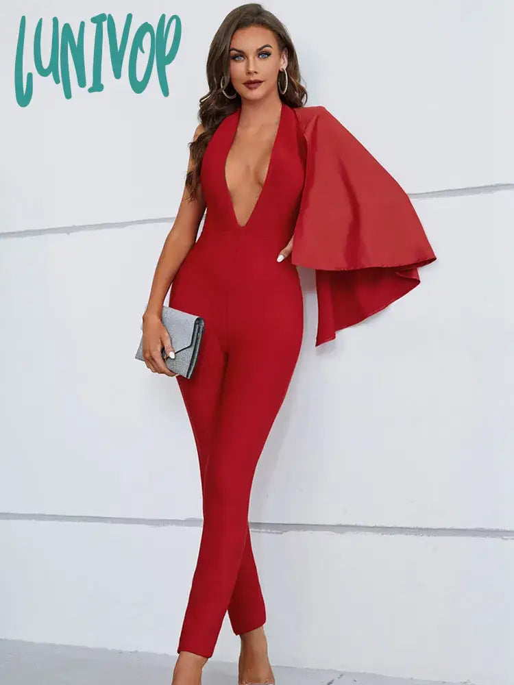Lunivop Women Summer Sexy Single Sleeve V Neck Ruffles Red Bodycon Bandage Jumpsuit High Street