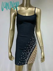 Lunivop Women Summer Sexy Sleeveless Backless Black Mesh Beading Mini Bodycon Bandage Dress Elegant