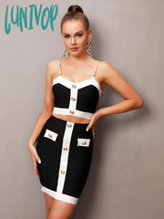 Lunivop Women Summer Sexy Sleeveless Backless Button Chain Mini Black Bandage Skirt Set Elegant