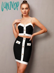Lunivop Women Summer Sexy Sleeveless Backless Button Chain Mini Black Bandage Skirt Set Elegant