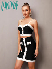 Lunivop Women Summer Sexy Sleeveless Backless Button Chain Mini Black Bandage Skirt Set Elegant